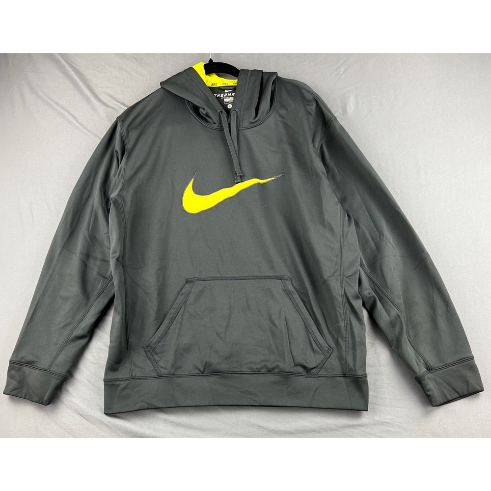 Nike Hoodie Mens Large Therma-FIT Pullover Grey Neon Yellow Swoosh Good